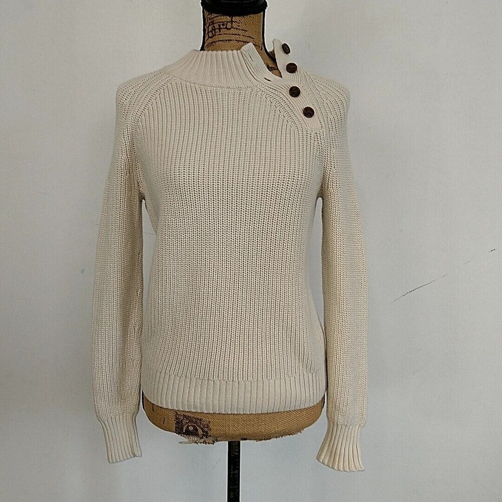 J Crew‎ Womens XXS Sweater Ivory Button Shoulder Crew Neck Long Sleeve
